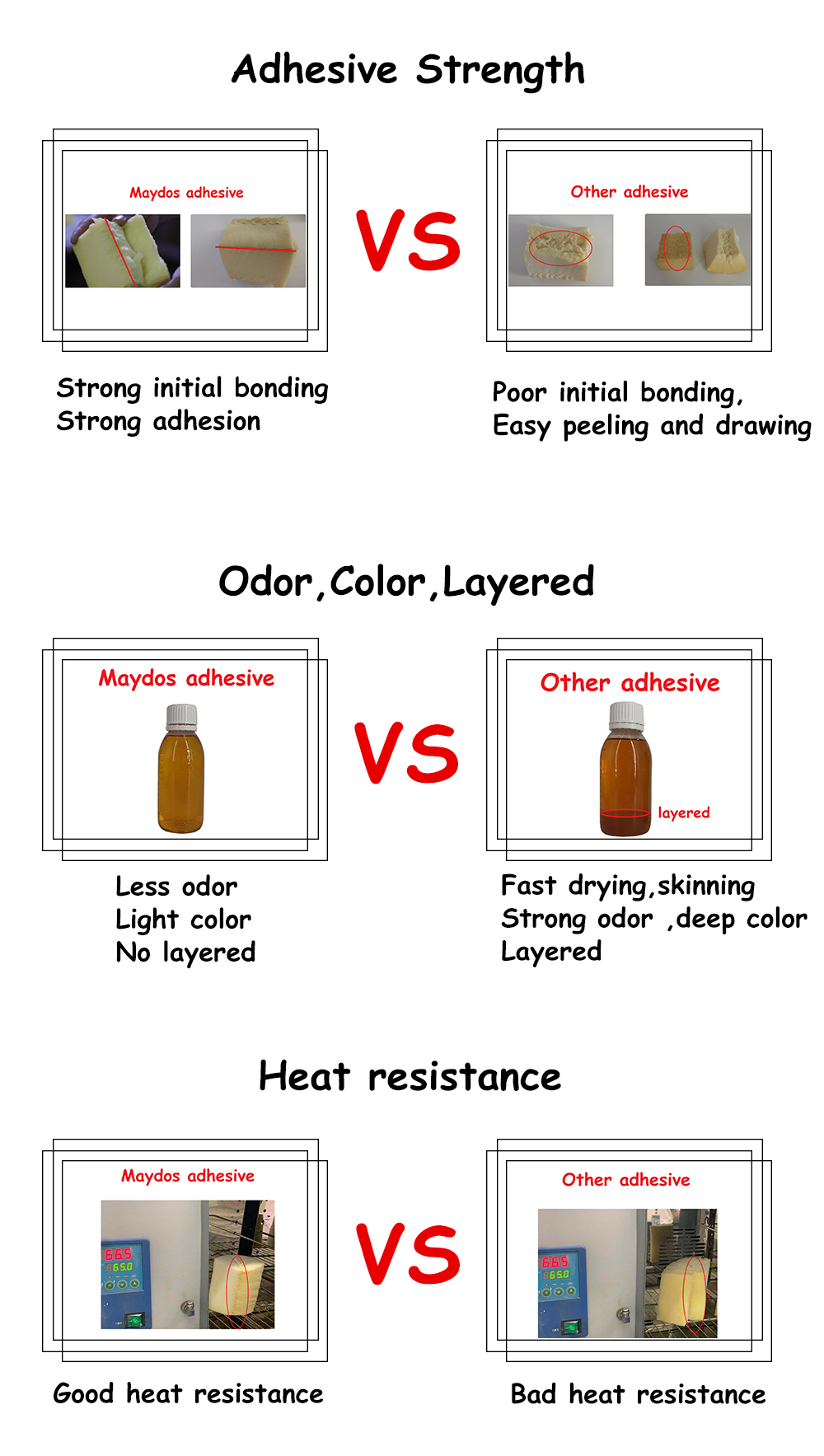 Adhesive Strength Less odor light color no layered Heat resistance